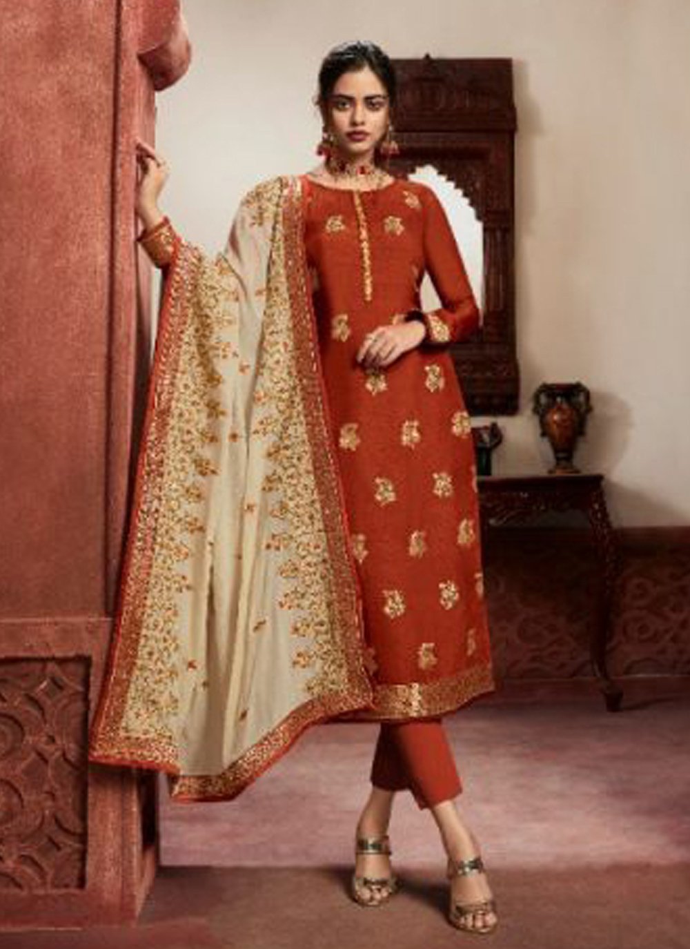 Red Embroidered Georgette Patiala Suit