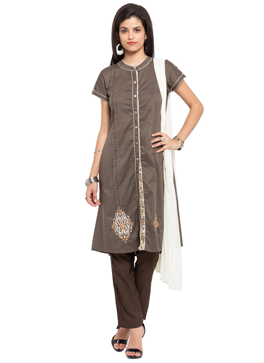 Brown Embroidered Cotton Pant Style Suit