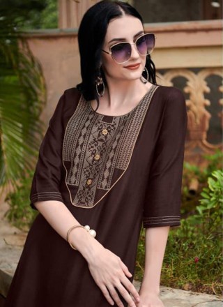 Brown Embroidered Cotton Party Wear Kurti