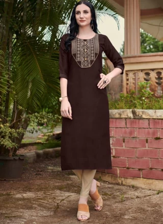 Brown Embroidered Cotton Party Wear Kurti