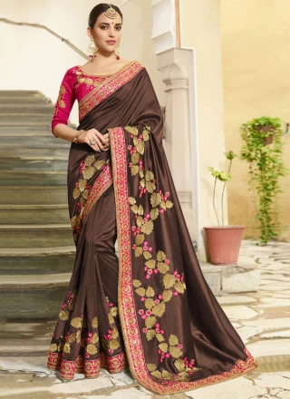 Brown Embroidered Traditional Designer Saree