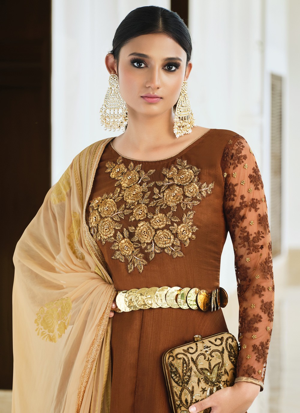 Buy Brown Handloom silk Embroidered Pant Style Suit 208630