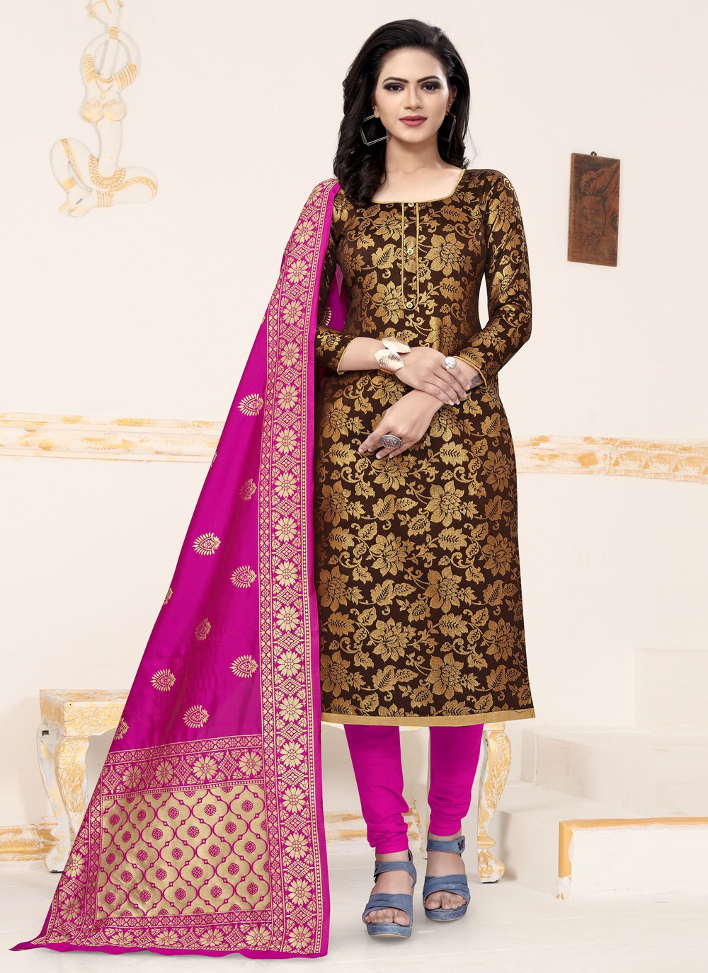 Brown Weaving Banarasi Silk Churidar Salwar Suit