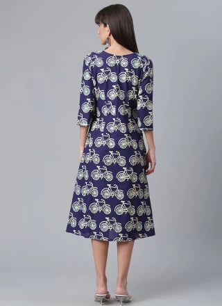 Casual Kurti Printed Cotton in Navy Blue