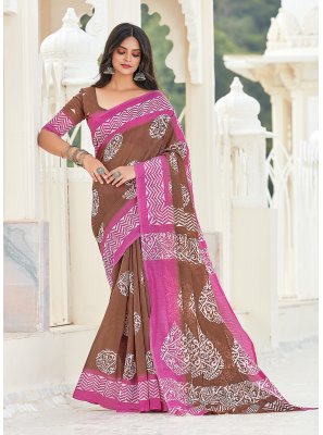 Casual Saree Printed Cotton in Brown