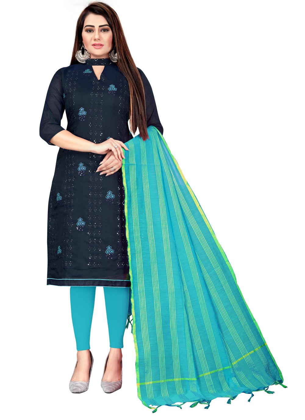 Chanderi Cotton Embroidered Churidar Suit in Navy Blue