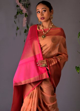 Chanderi Cotton Peach Classic Designer Saree
