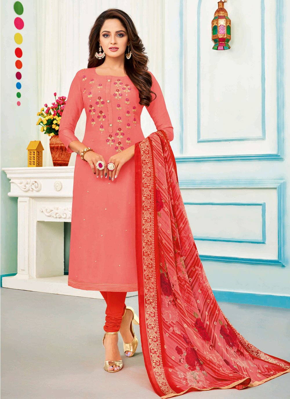 Chanderi Cotton Pink Churidar Designer Suit