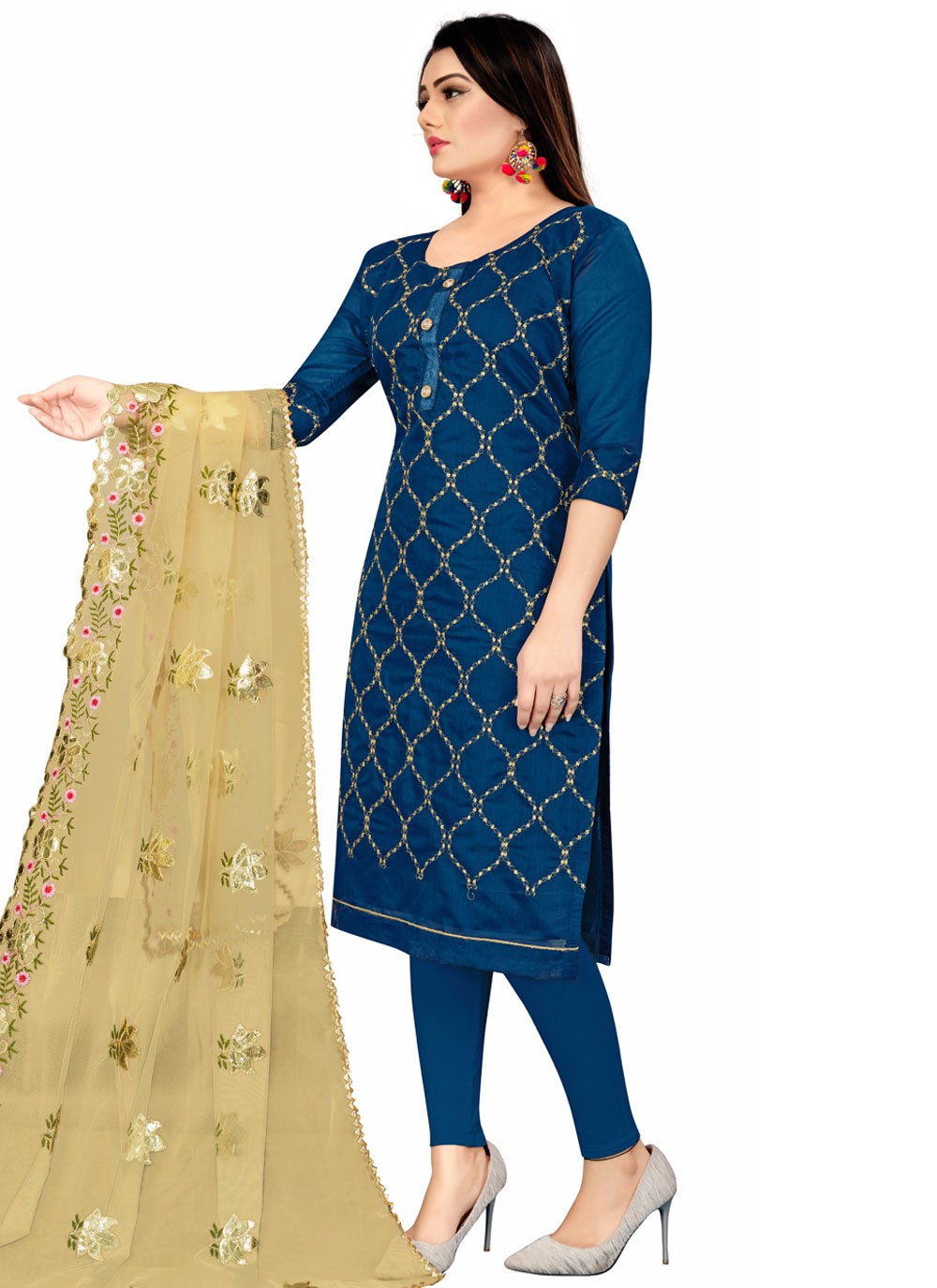 Chanderi Embroidered Churidar Suit in Blue