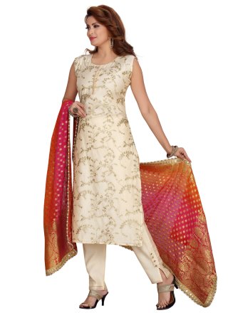 Chanderi Embroidered Cream Readymade Suit
