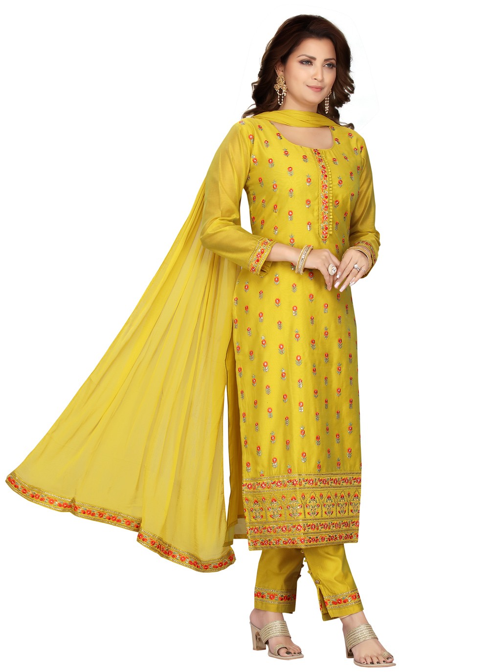 Chanderi Embroidered Green Readymade Suit