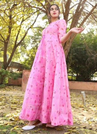 Chanderi Foil Print Pink Readymade Gown