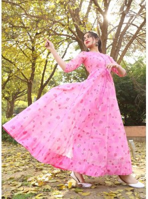 Chanderi Foil Print Pink Readymade Gown
