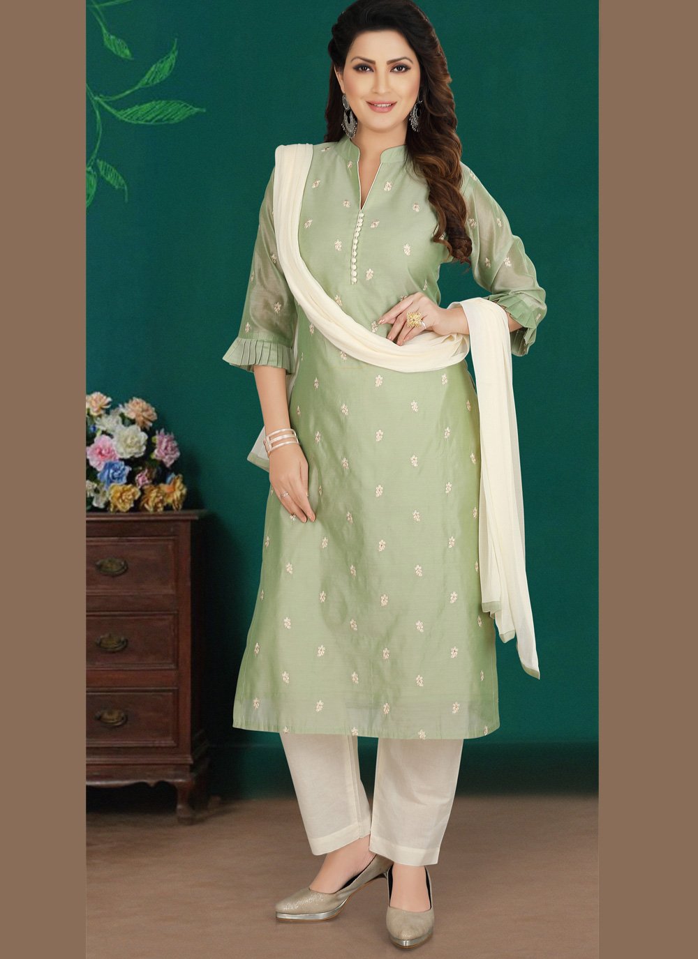 Chanderi Green Fancy Readymade Suit