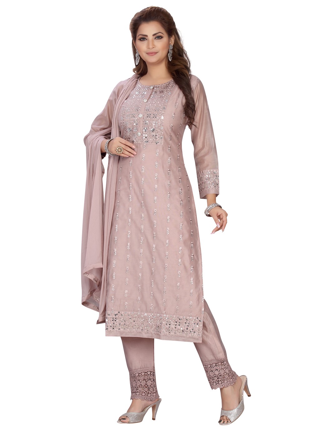 Chanderi Peach Embroidered Readymade Suit