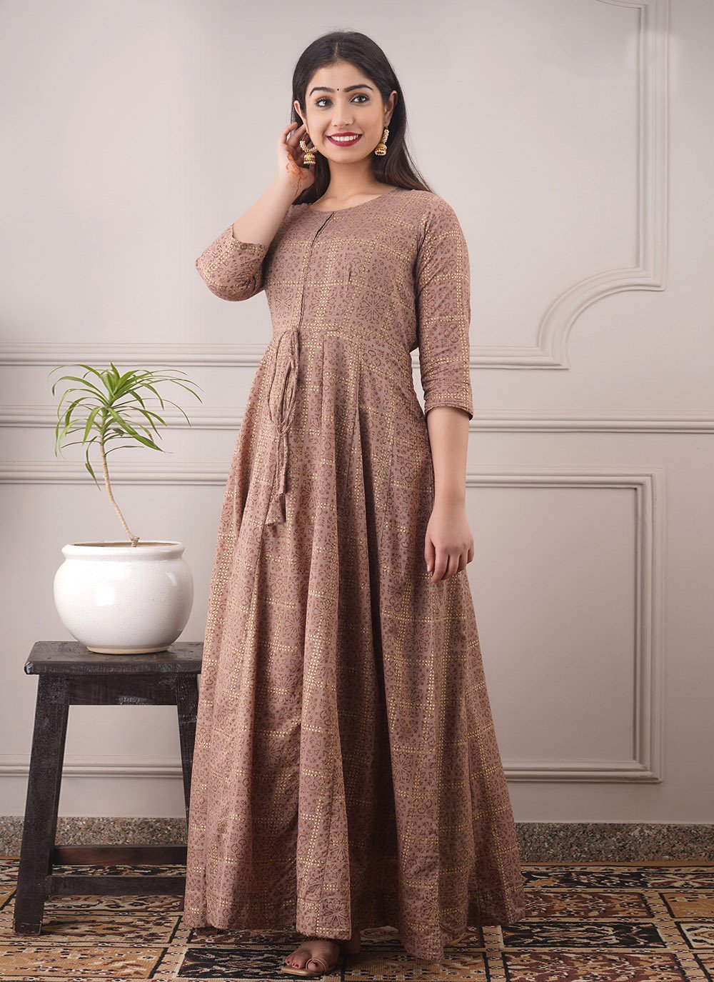 Chanderi Printed Readymade Designer Gown in Brown