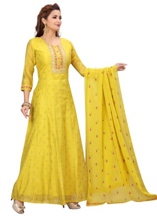Chanderi Readymade Suit in Yellow