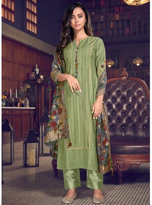 Chanderi Silk Embroidered Pant Style Suit in Green