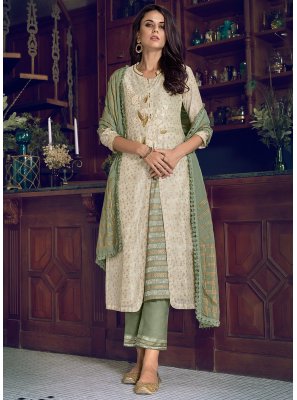 Chanderi Silk Green and Off White Embroidered Designer Suit