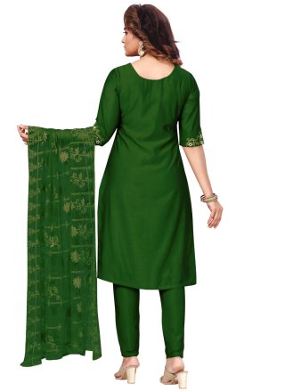 Churidar Designer Suit Embroidered Art Silk in Green