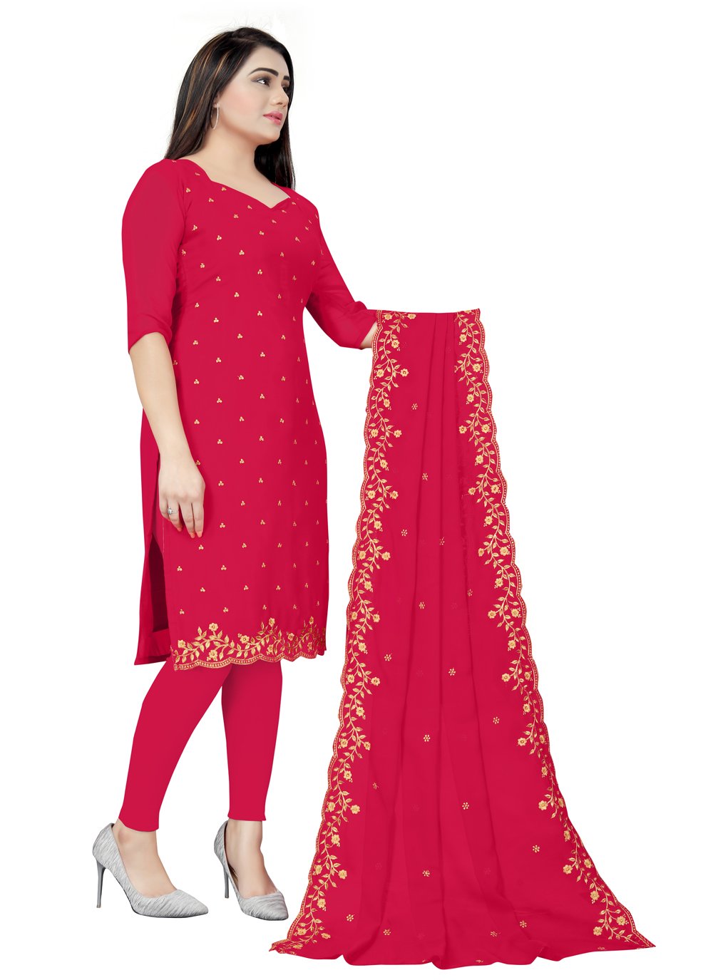 Churidar Designer Suit Embroidered Faux Georgette in Red