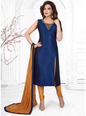 Churidar Designer Suit Handwork Silk in Blue