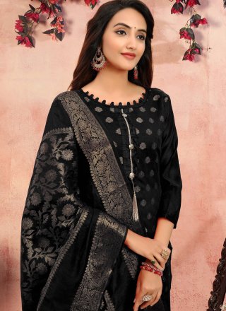 Churidar Designer Suit Printed Banarasi Silk in Black