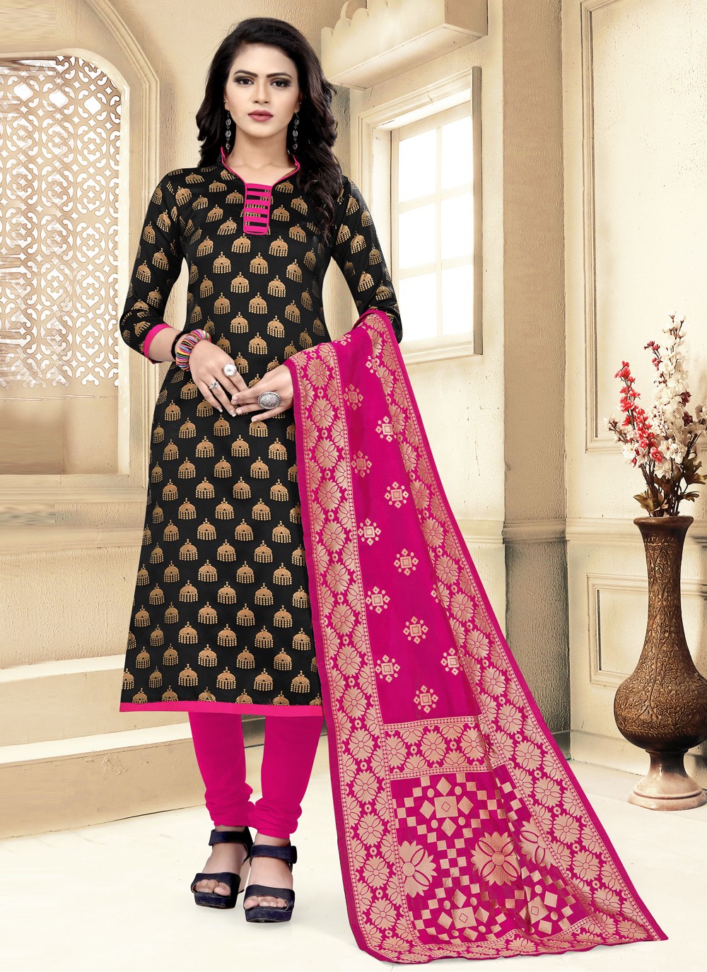 Churidar Designer Suit Weaving Banarasi Silk in Black
