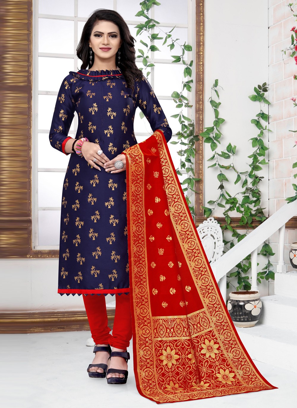 Churidar Designer Suit Weaving Banarasi Silk in Blue