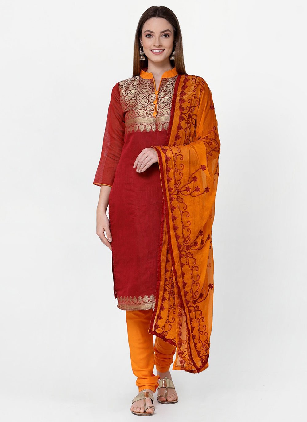 Churidar Salwar Kameez Woven Banarasi Silk in Red