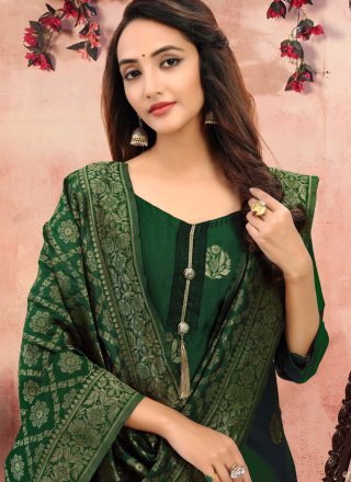 Churidar Suit Printed Banarasi Silk in Green