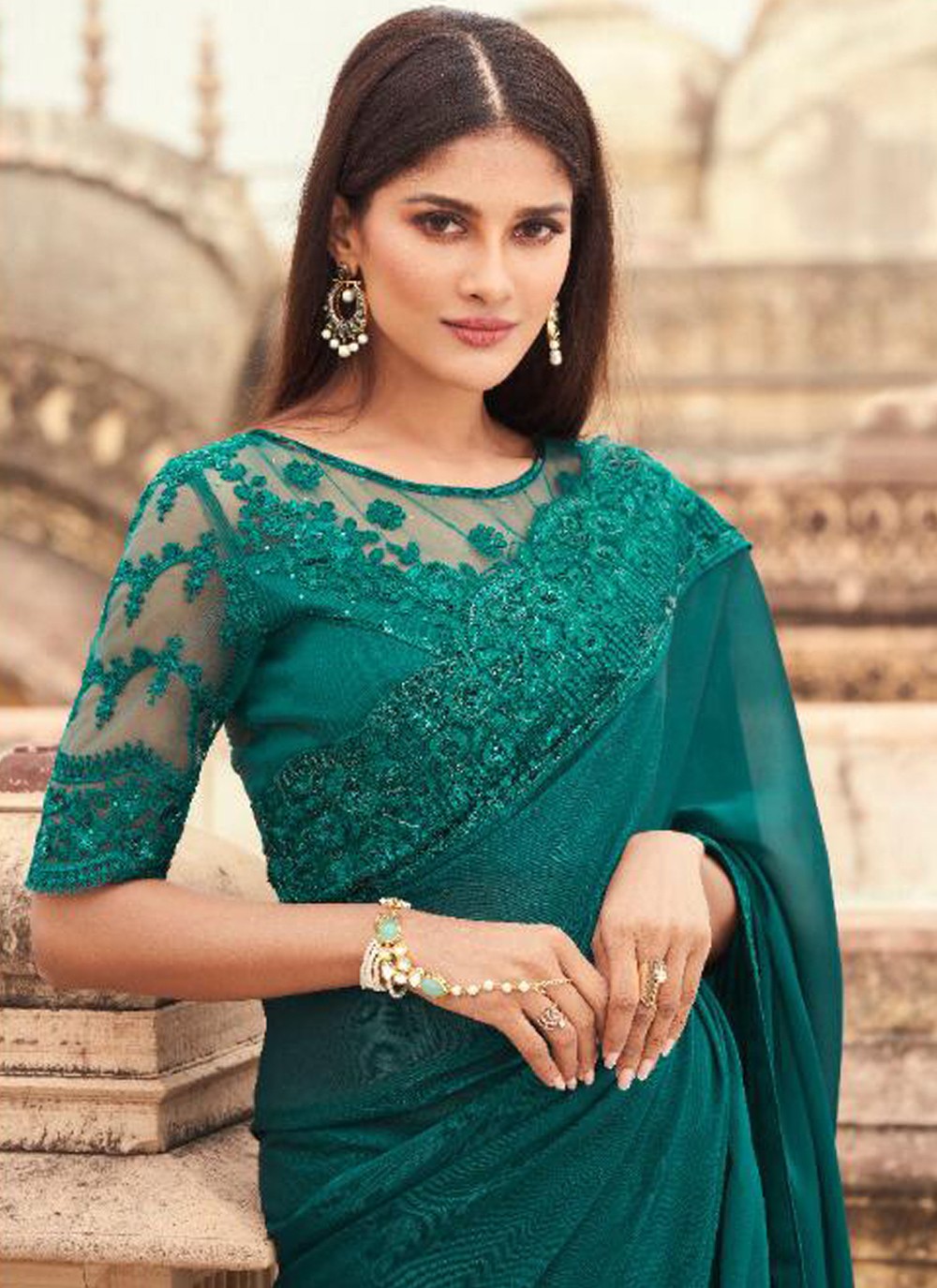 Shop Classic Designer Saree Embroidered Faux Georgette in Teal Online ...