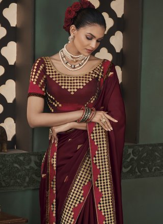 Classic Saree Embroidered Fancy Fabric in Wine