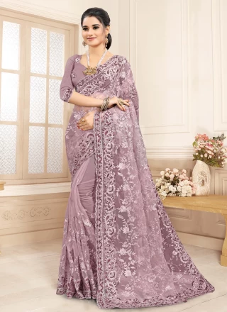 Classic Saree Embroidered Net in Lavender