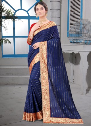 Contemporary Saree Patch Border Silk in Navy Blue