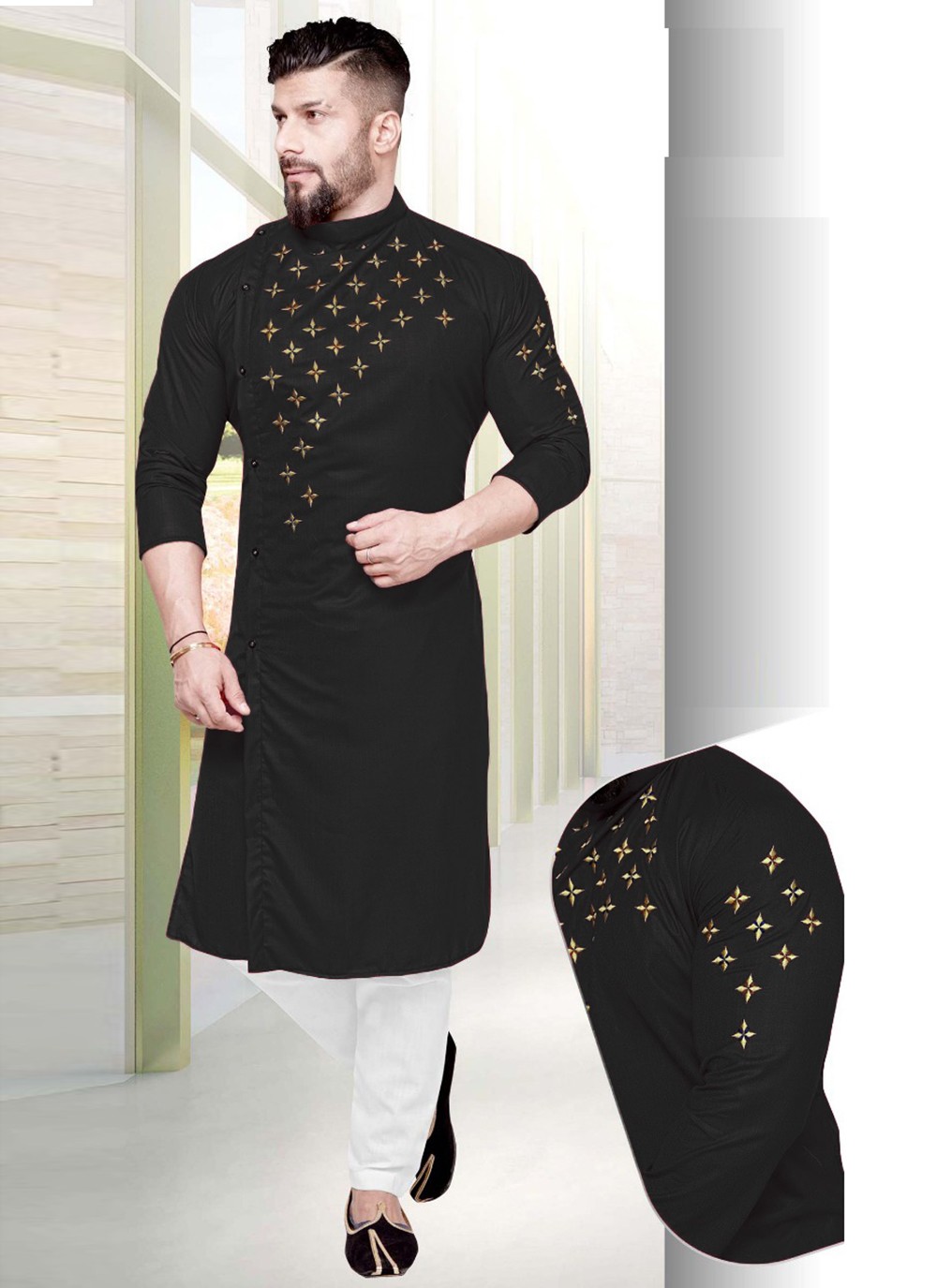 Shop Online Cotton Black Resham Kurta Pyjama 204123