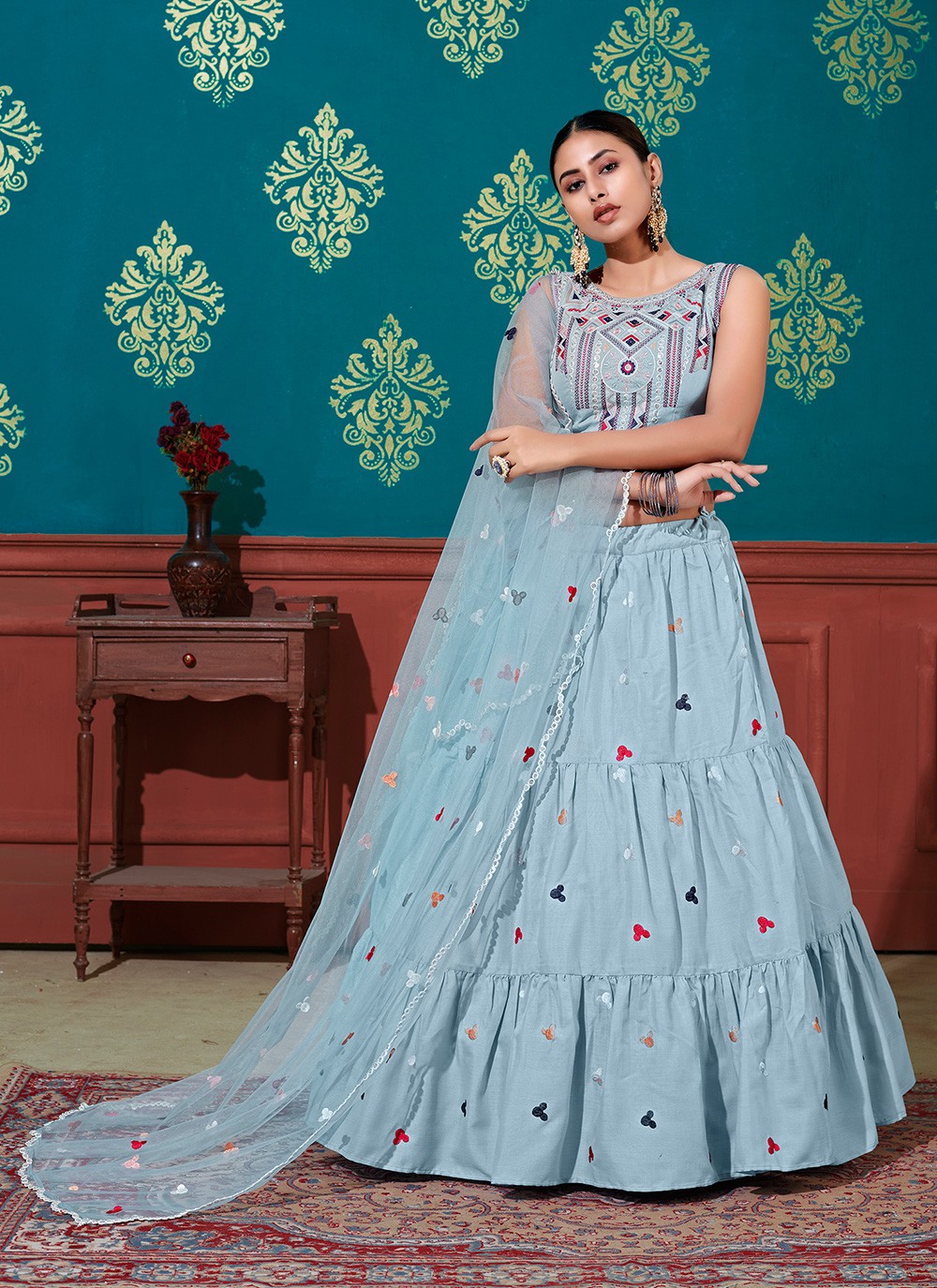 cotton blue sequins lehenga choli 208135