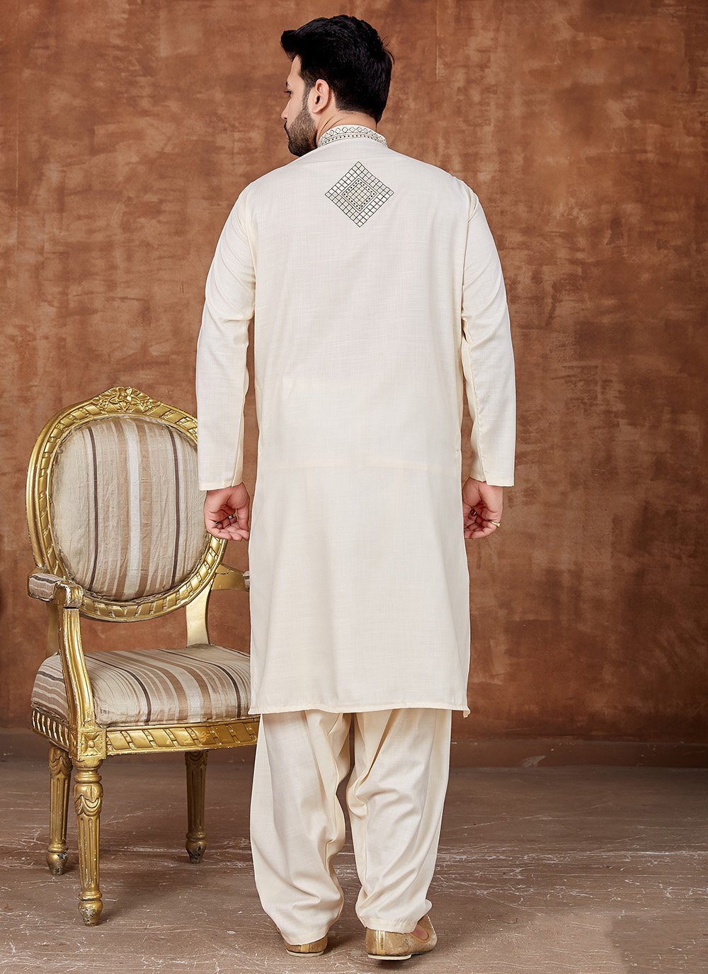 Buy Cotton Cream Embroidered Pathani Suits Online Mens