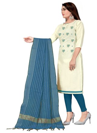 Cotton Embroidered Blue and Off White Churidar Suit