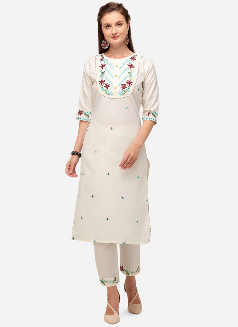 Cotton Embroidered Casual Kurti in Off White