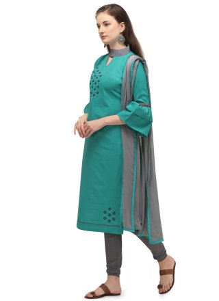 Cotton Embroidered Churidar Suit in Sea Green