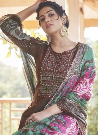Cotton Embroidered Designer Pakistani Suit in Brown