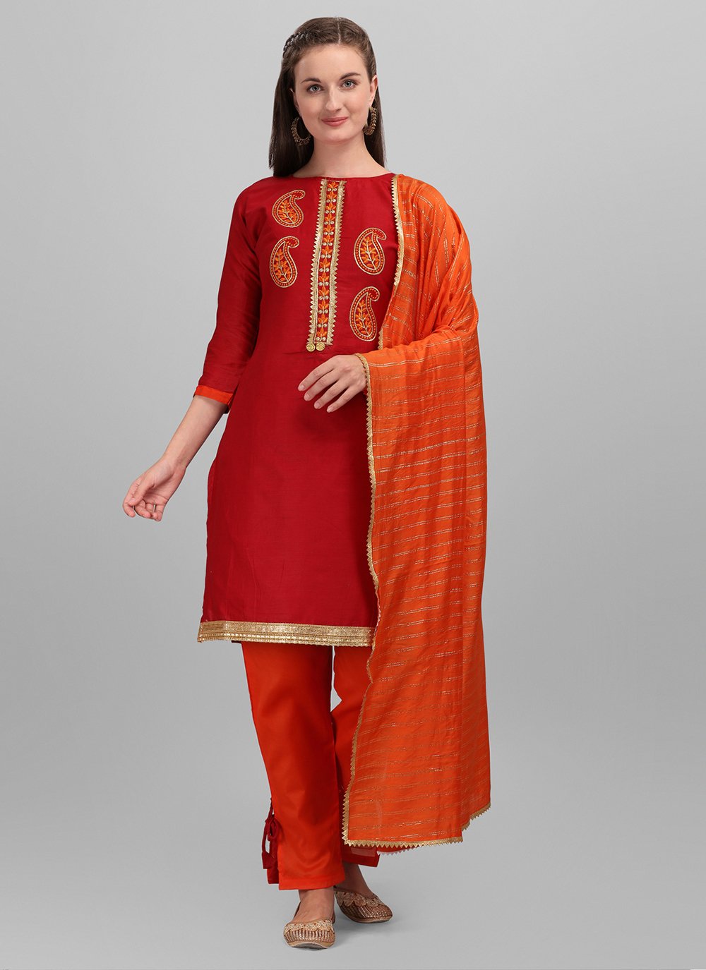 Cotton Embroidered Pant Style Suit in Red