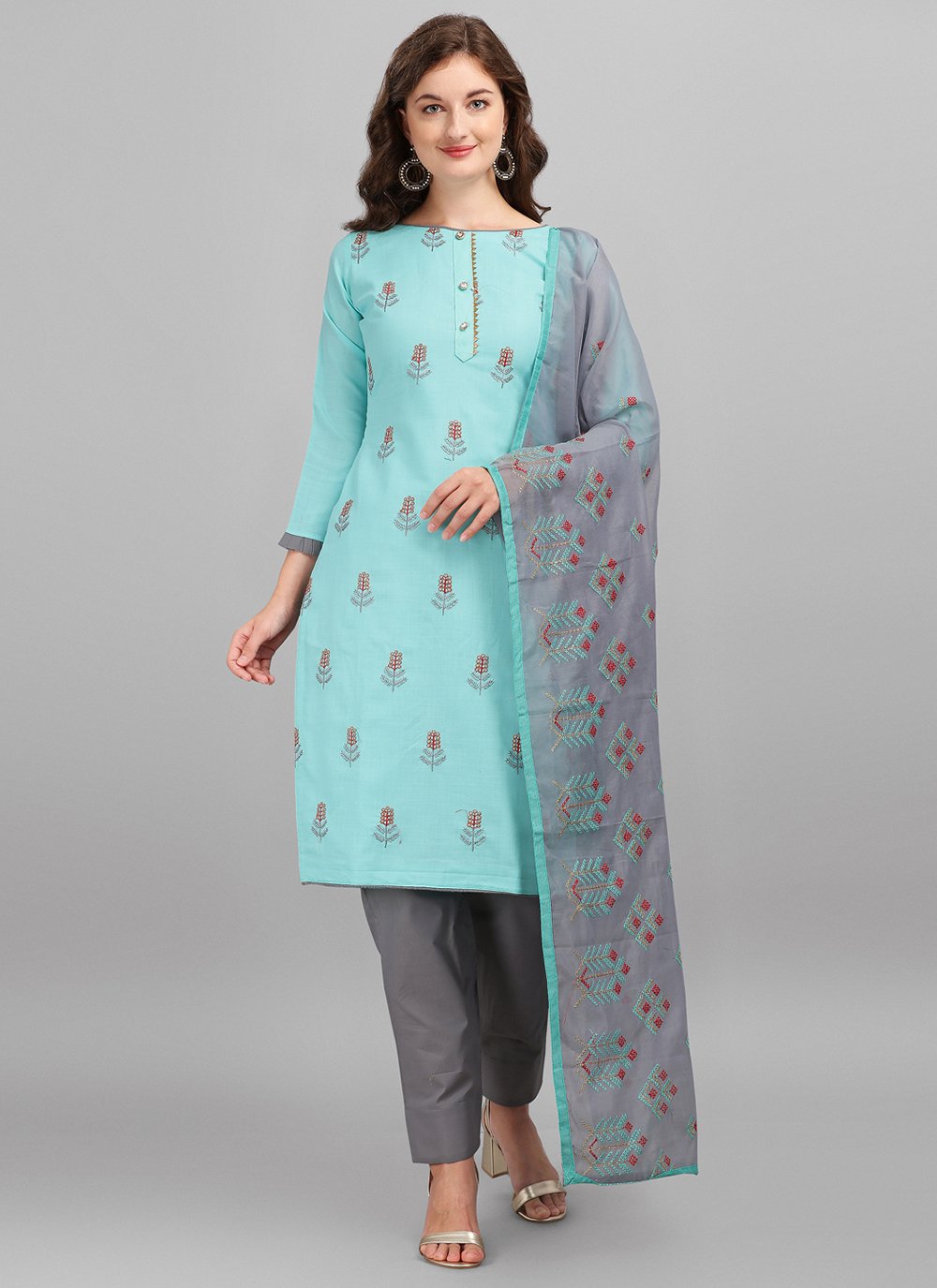 Cotton Embroidered Pant Style Suit in Turquoise