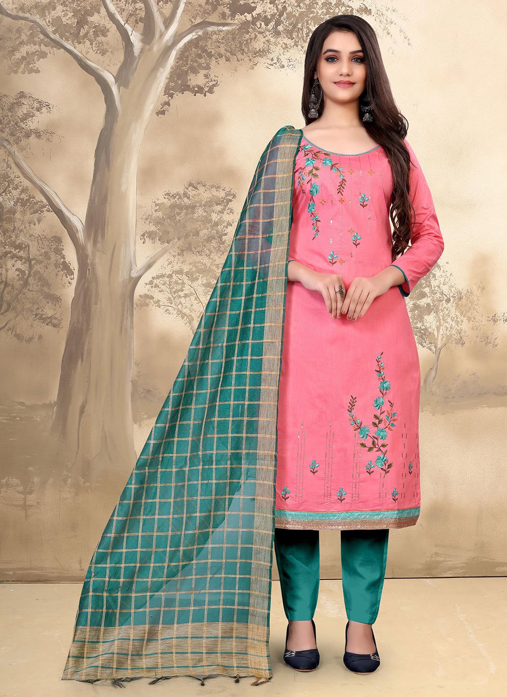Cotton Embroidered Pink Pant Style Suit