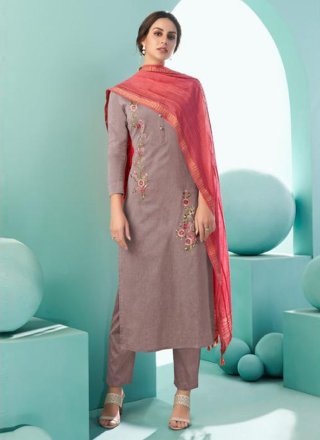 Cotton Embroidered Wine Pant Style Suit