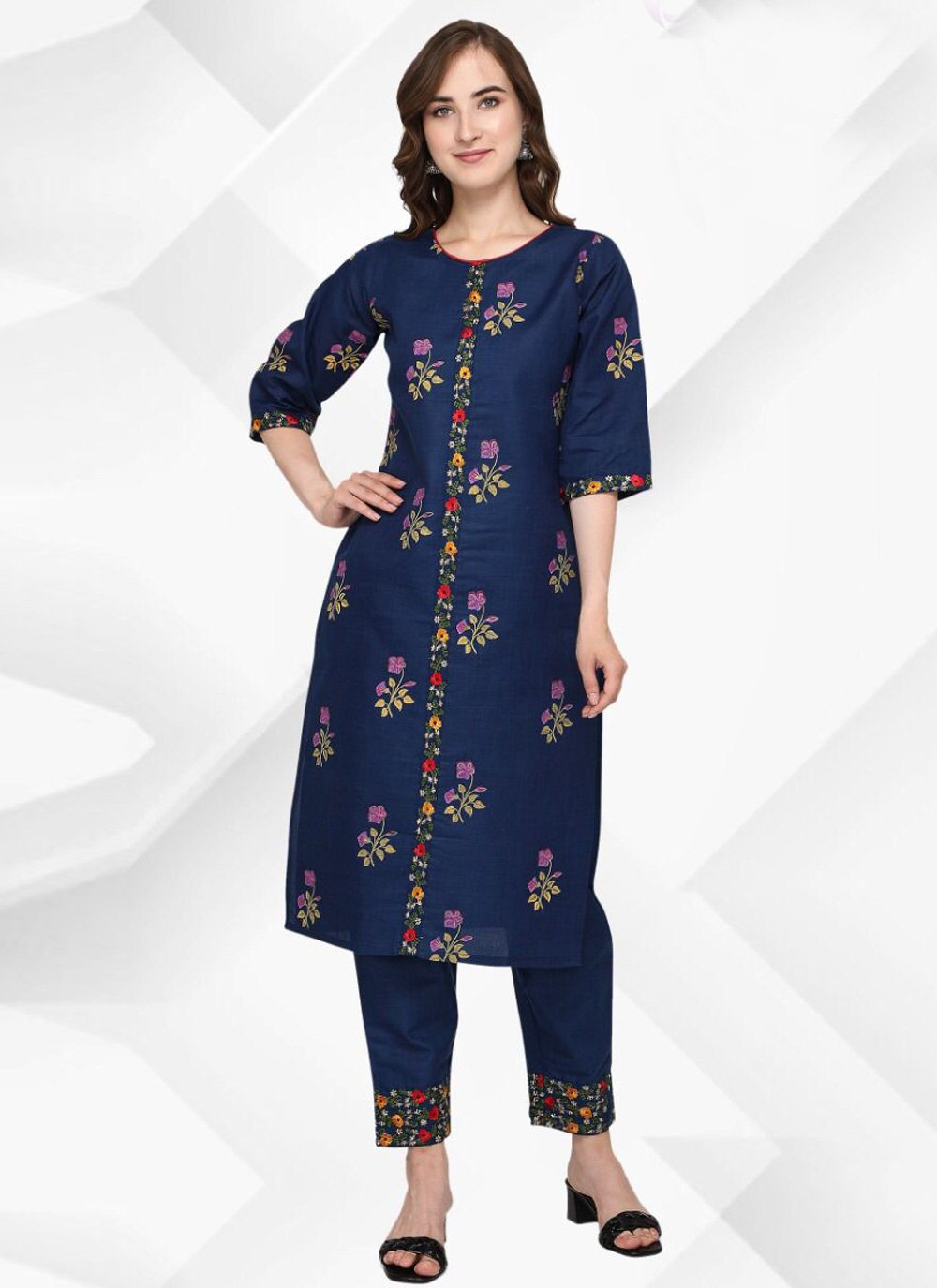 Cotton Floral Print Party Wear Kurti in Blue