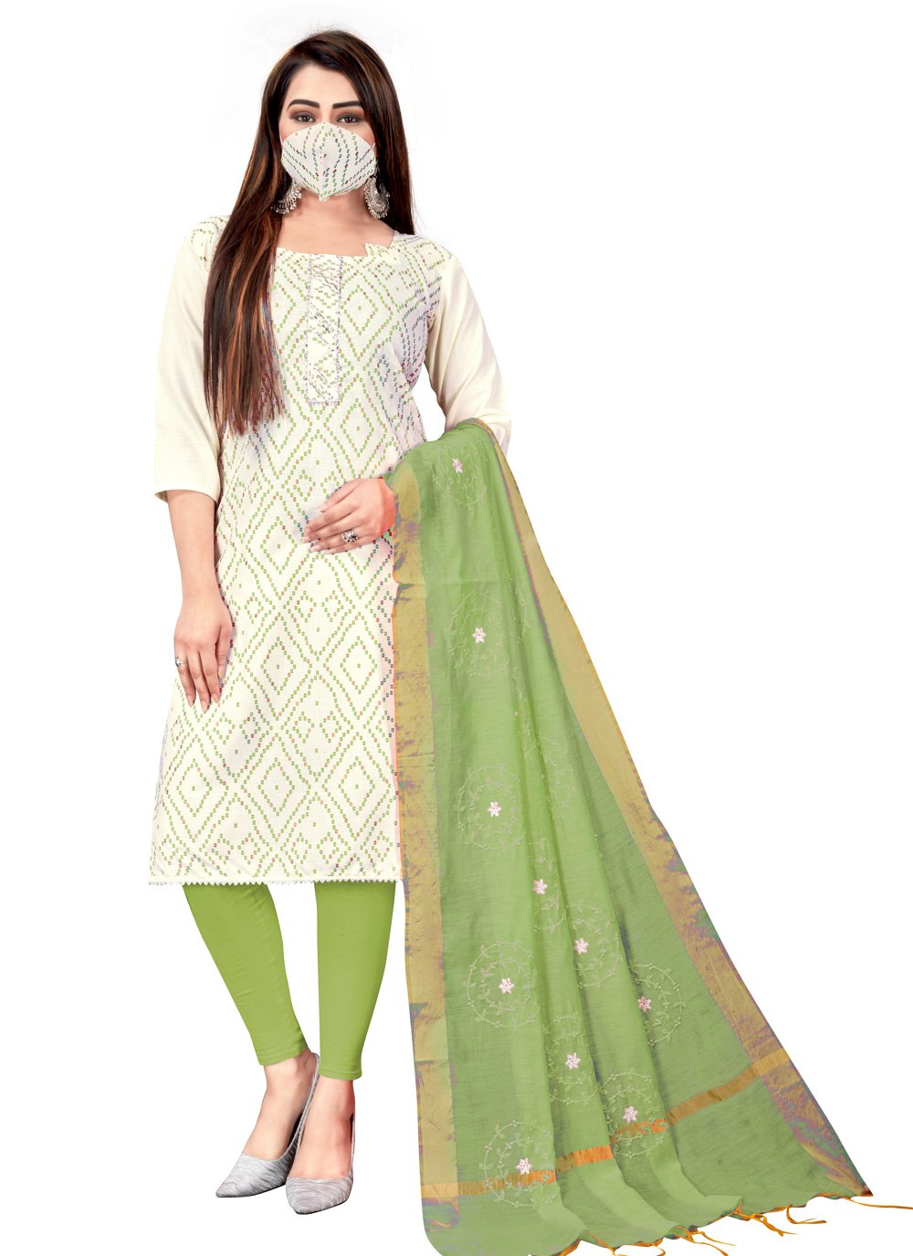 Cotton Green and Off White Churidar Designer Suit