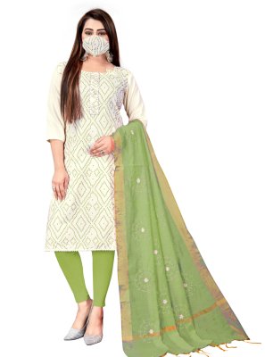 Cotton Green and Off White Churidar Designer Suit