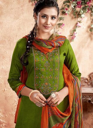 Cotton Green Embroidered Designer Patiala Suit